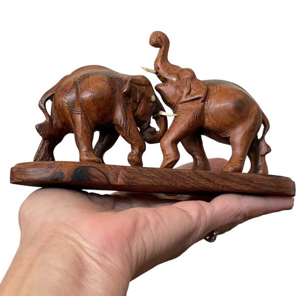 Vintage Hand Carved Wooden Elephants Figure Fighting Missing 1 Tusk Teak? READ - Picture 5 of 16